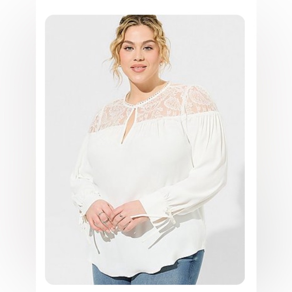 Torrid Georgette Lace Trim Yoke And Sleeve Blouse